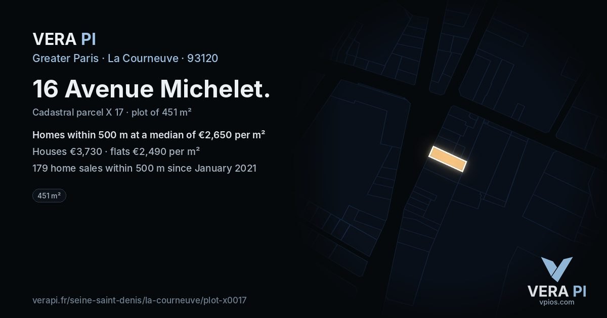 16 Avenue Michelet, La Courneuve at night – the plot lit, the parcels around coloured by the prices near them