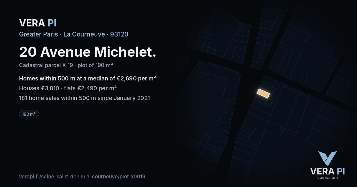 20 Avenue Michelet, La Courneuve at night – the plot lit, the parcels around coloured by the prices near them