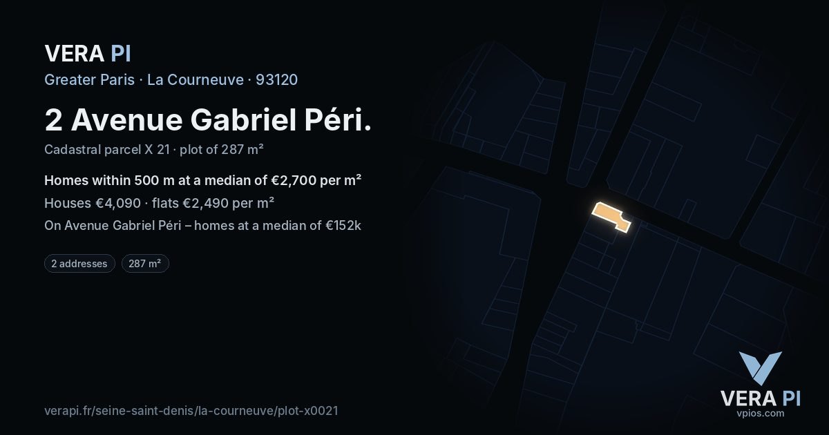 2 Avenue Gabriel Péri, La Courneuve at night – the plot lit, the parcels around coloured by the prices near them