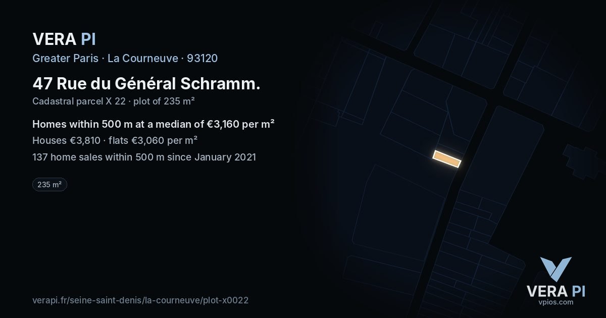 47 Rue du Général Schramm, La Courneuve at night – the plot lit, the parcels around coloured by the prices near them