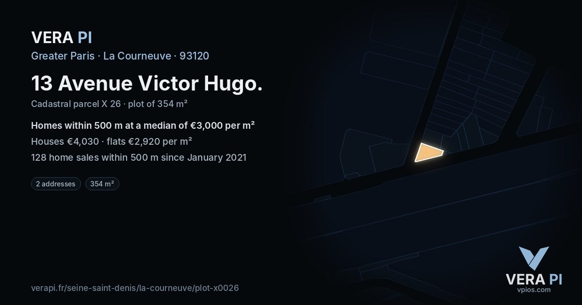 13 Avenue Victor Hugo, La Courneuve at night – the plot lit, the parcels around coloured by the prices near them