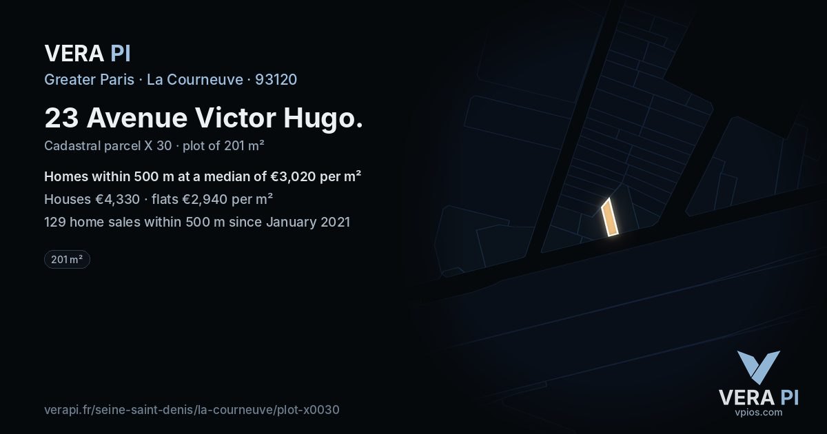 23 Avenue Victor Hugo, La Courneuve at night – the plot lit, the parcels around coloured by the prices near them