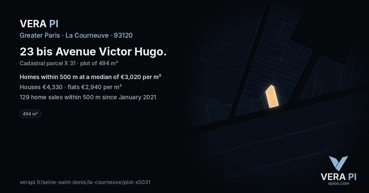 23 bis Avenue Victor Hugo, La Courneuve at night – the plot lit, the parcels around coloured by the prices near them