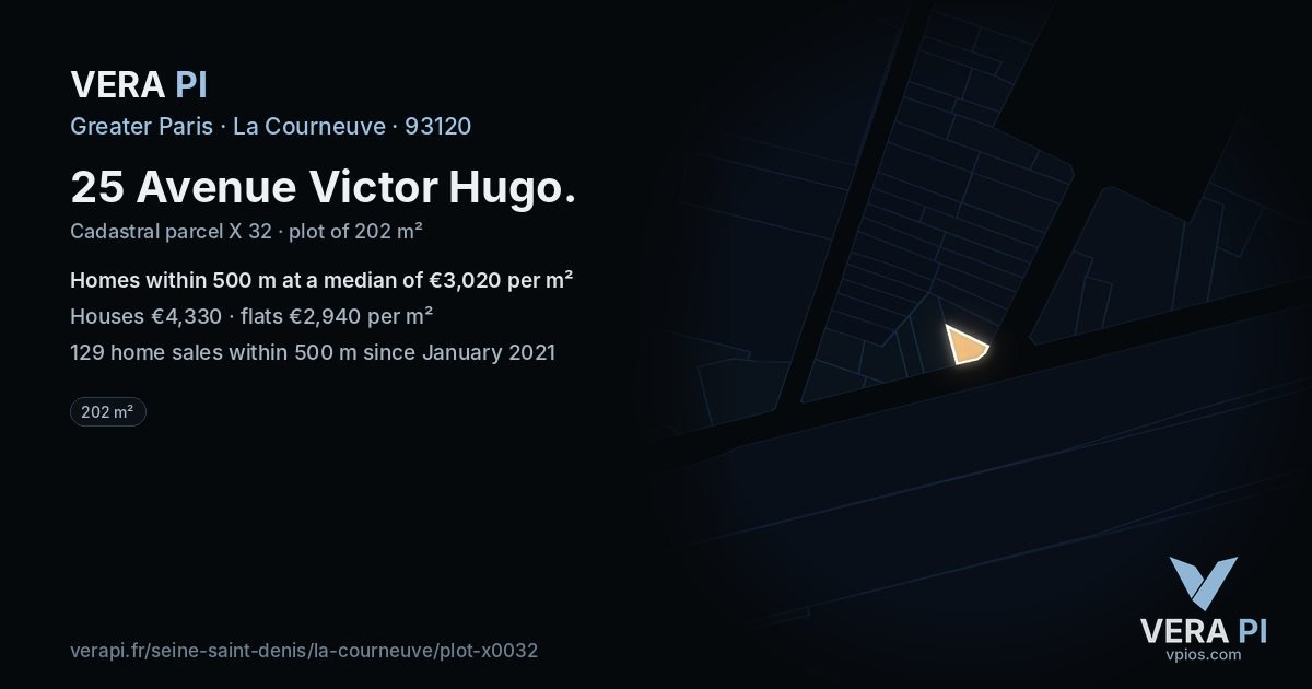 25 Avenue Victor Hugo, La Courneuve at night – the plot lit, the parcels around coloured by the prices near them