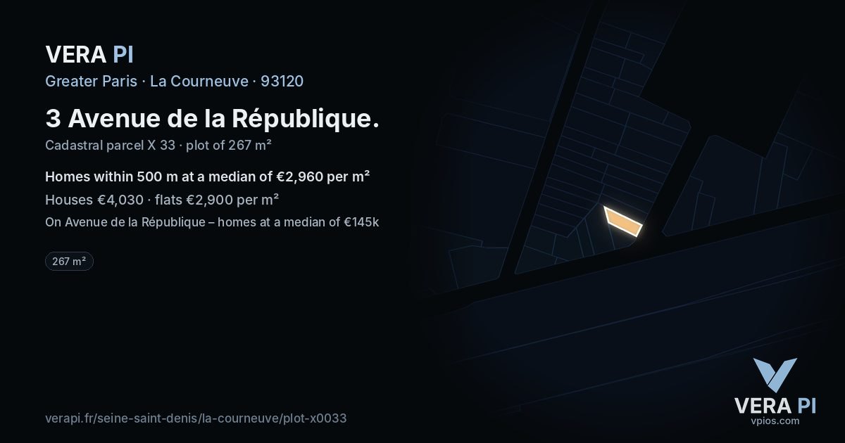 3 Avenue de la République, La Courneuve at night – the plot lit, the parcels around coloured by the prices near them