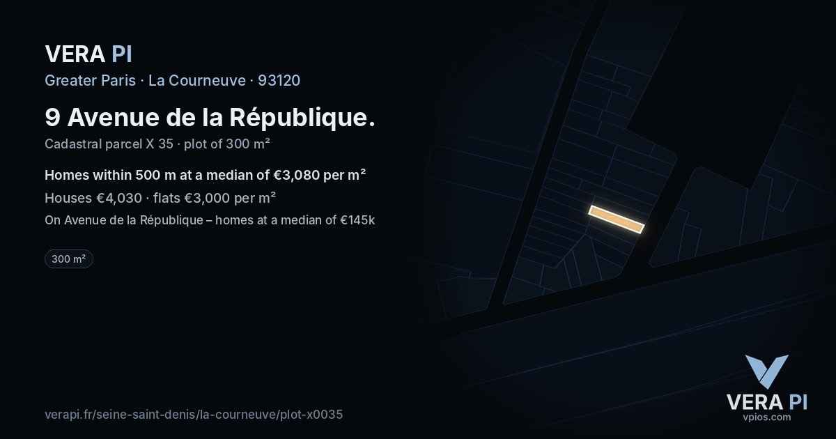 9 Avenue de la République, La Courneuve at night – the plot lit, the parcels around coloured by the prices near them
