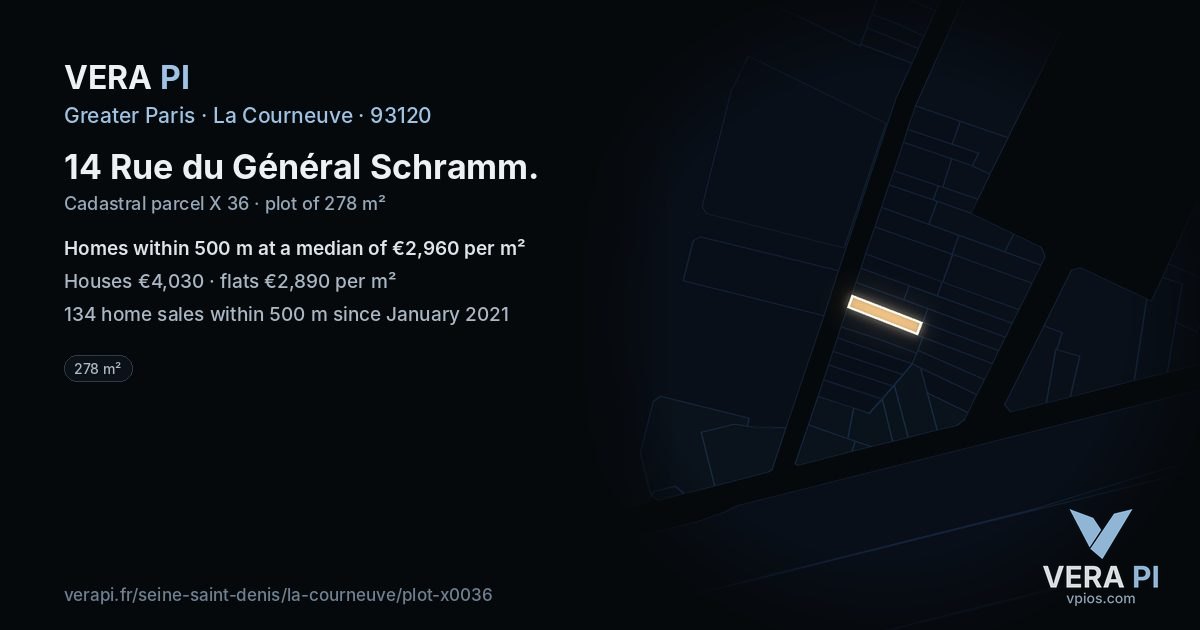14 Rue du Général Schramm, La Courneuve at night – the plot lit, the parcels around coloured by the prices near them