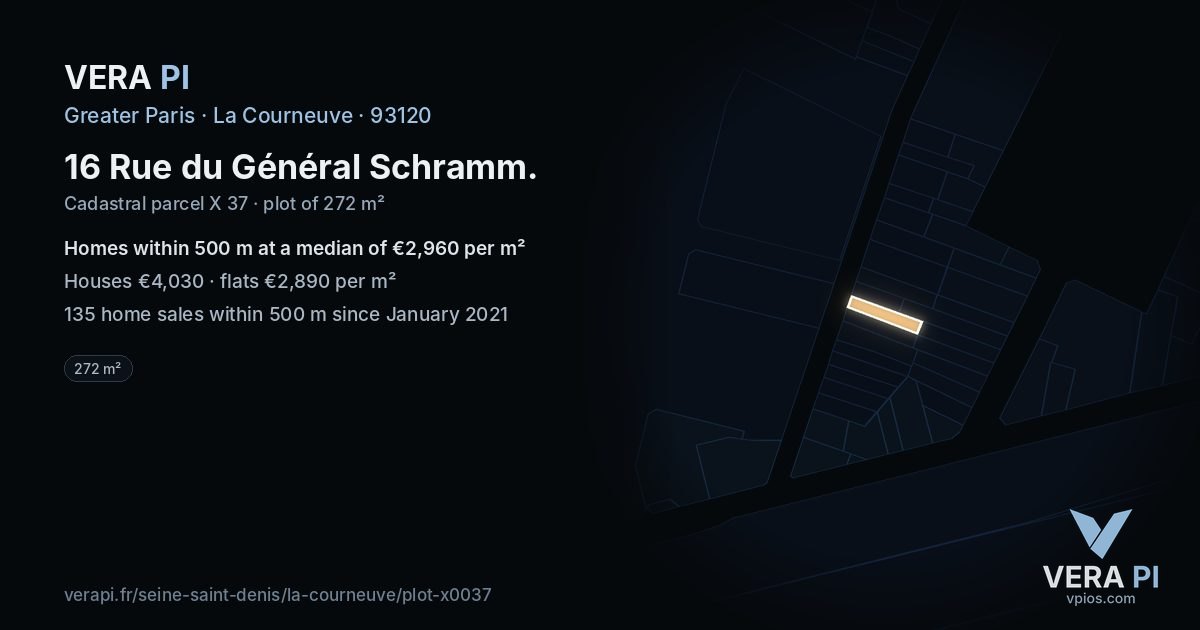 16 Rue du Général Schramm, La Courneuve at night – the plot lit, the parcels around coloured by the prices near them