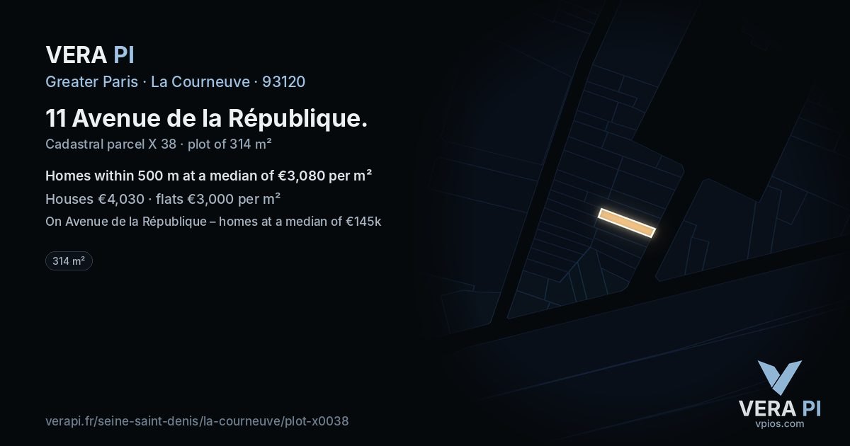 11 Avenue de la République, La Courneuve at night – the plot lit, the parcels around coloured by the prices near them