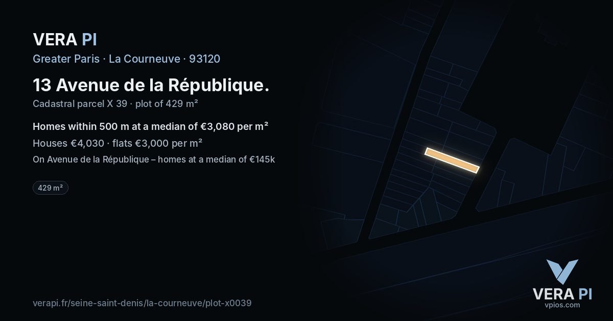 13 Avenue de la République, La Courneuve at night – the plot lit, the parcels around coloured by the prices near them