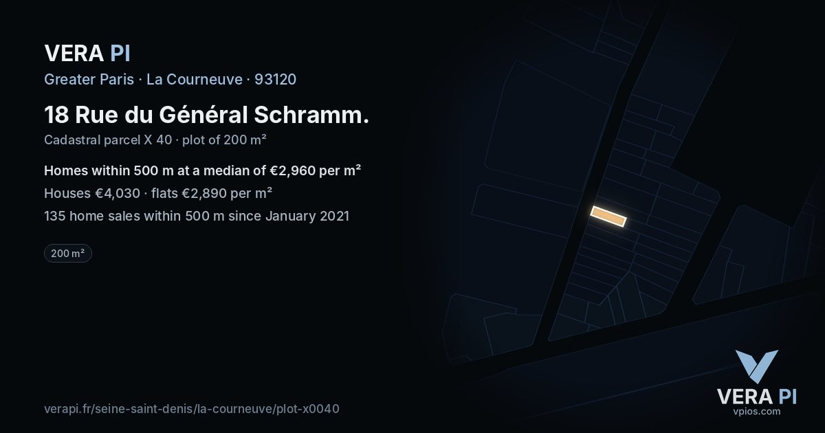 18 Rue du Général Schramm, La Courneuve at night – the plot lit, the parcels around coloured by the prices near them