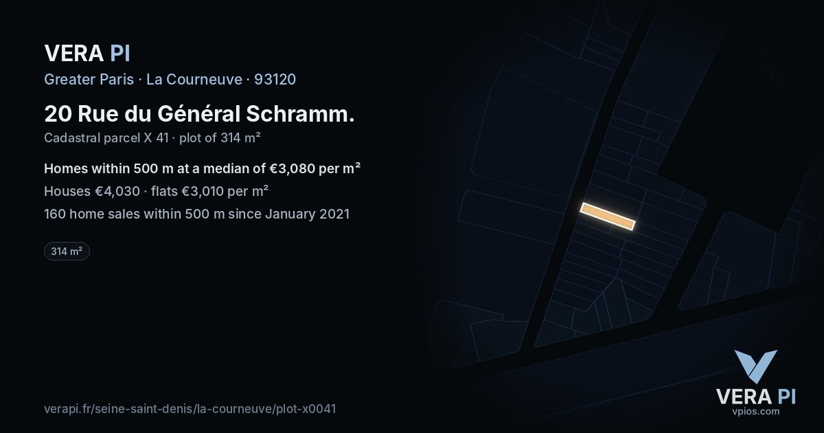 20 Rue du Général Schramm, La Courneuve at night – the plot lit, the parcels around coloured by the prices near them