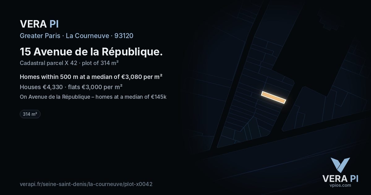 15 Avenue de la République, La Courneuve at night – the plot lit, the parcels around coloured by the prices near them