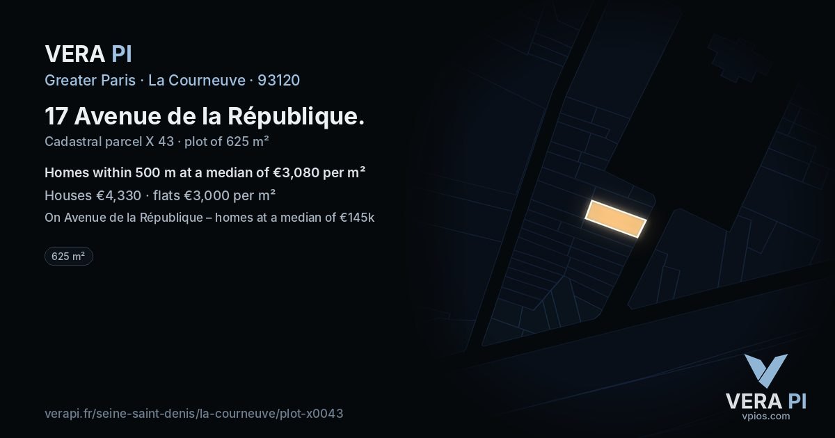 17 Avenue de la République, La Courneuve at night – the plot lit, the parcels around coloured by the prices near them