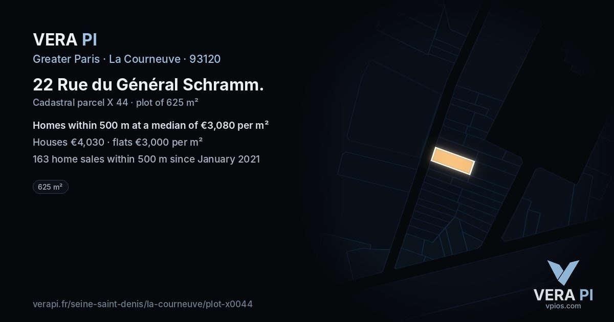 22 Rue du Général Schramm, La Courneuve at night – the plot lit, the parcels around coloured by the prices near them