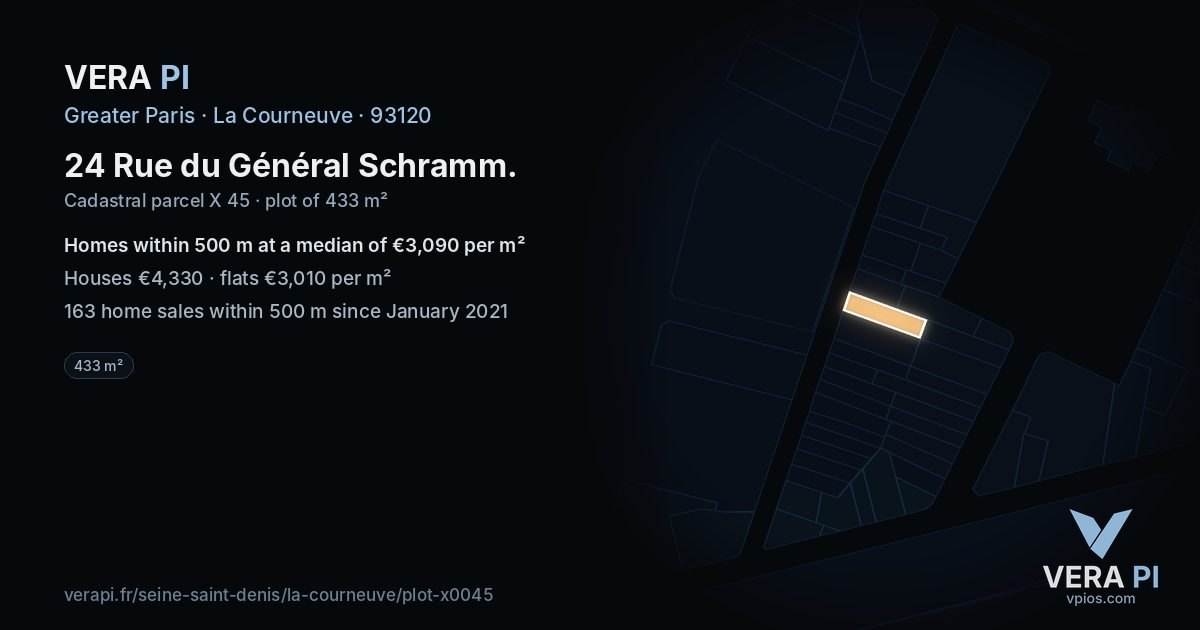 24 Rue du Général Schramm, La Courneuve at night – the plot lit, the parcels around coloured by the prices near them
