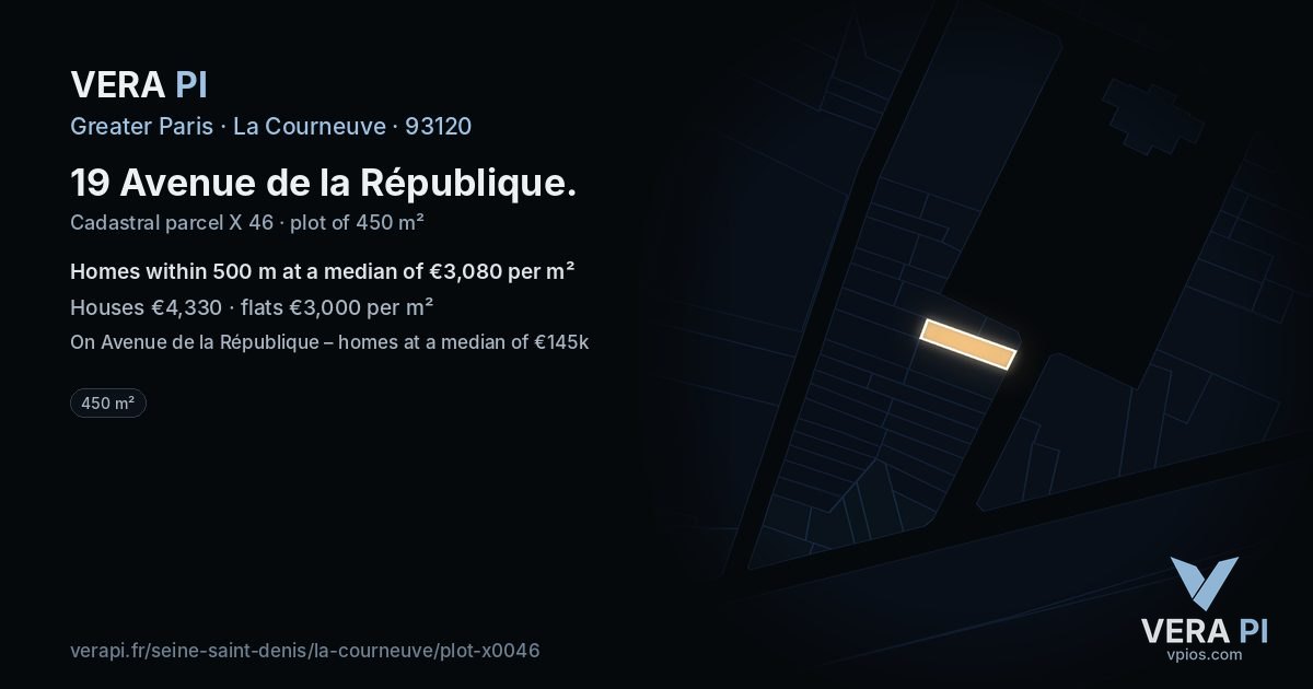 19 Avenue de la République, La Courneuve at night – the plot lit, the parcels around coloured by the prices near them