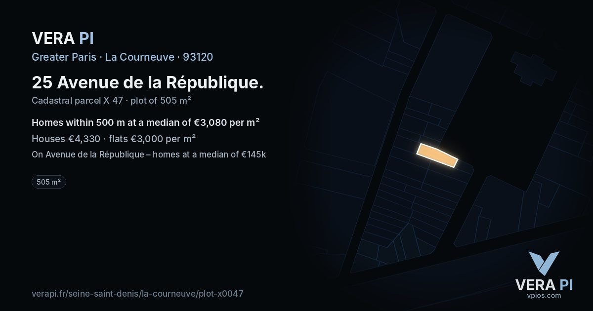 25 Avenue de la République, La Courneuve at night – the plot lit, the parcels around coloured by the prices near them