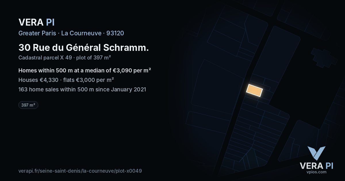 30 Rue du Général Schramm, La Courneuve at night – the plot lit, the parcels around coloured by the prices near them