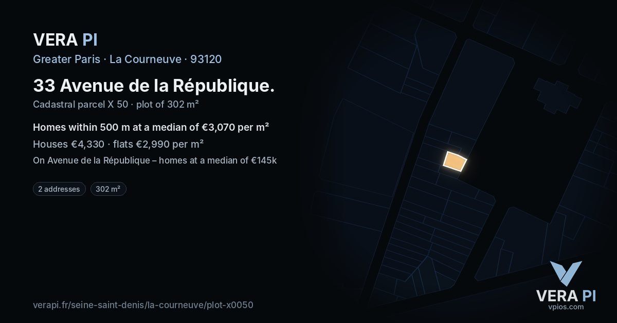 33 Avenue de la République, La Courneuve at night – the plot lit, the parcels around coloured by the prices near them