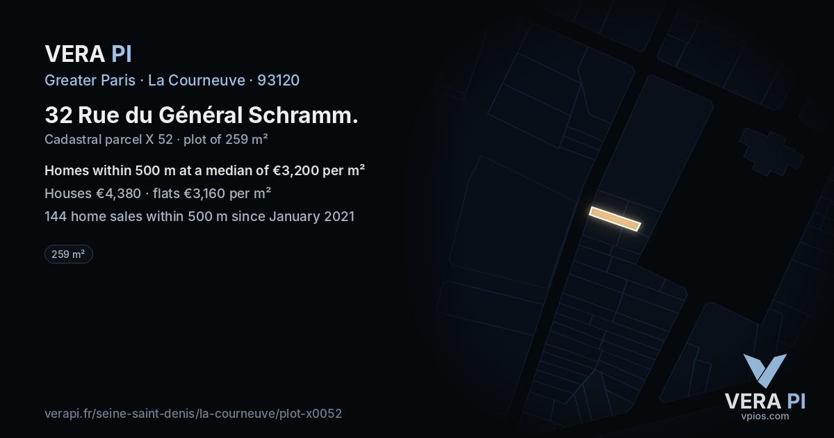 32 Rue du Général Schramm, La Courneuve at night – the plot lit, the parcels around coloured by the prices near them