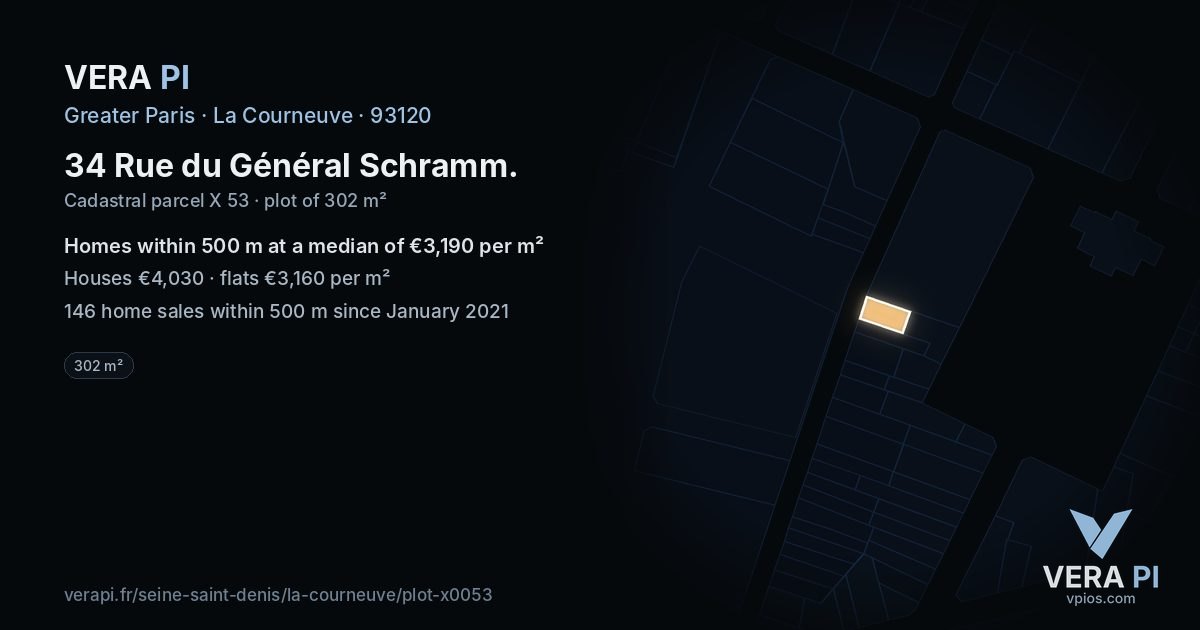 34 Rue du Général Schramm, La Courneuve at night – the plot lit, the parcels around coloured by the prices near them