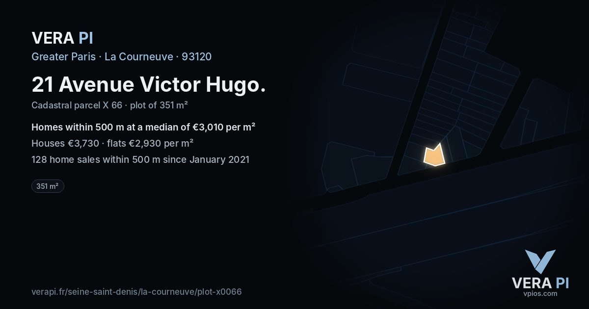 21 Avenue Victor Hugo, La Courneuve at night – the plot lit, the parcels around coloured by the prices near them