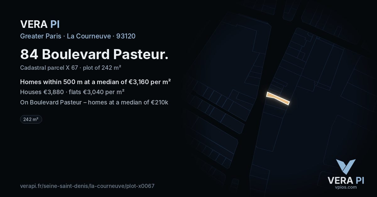 84 Boulevard Pasteur, La Courneuve at night – the plot lit, the parcels around coloured by the prices near them