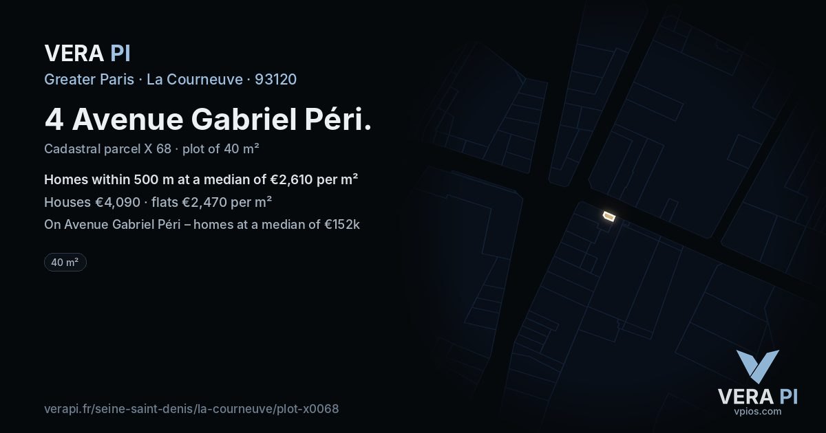 4 Avenue Gabriel Péri, La Courneuve at night – the plot lit, the parcels around coloured by the prices near them