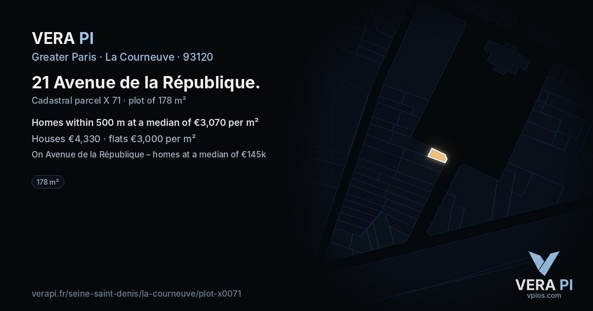 21 Avenue de la République, La Courneuve at night – the plot lit, the parcels around coloured by the prices near them