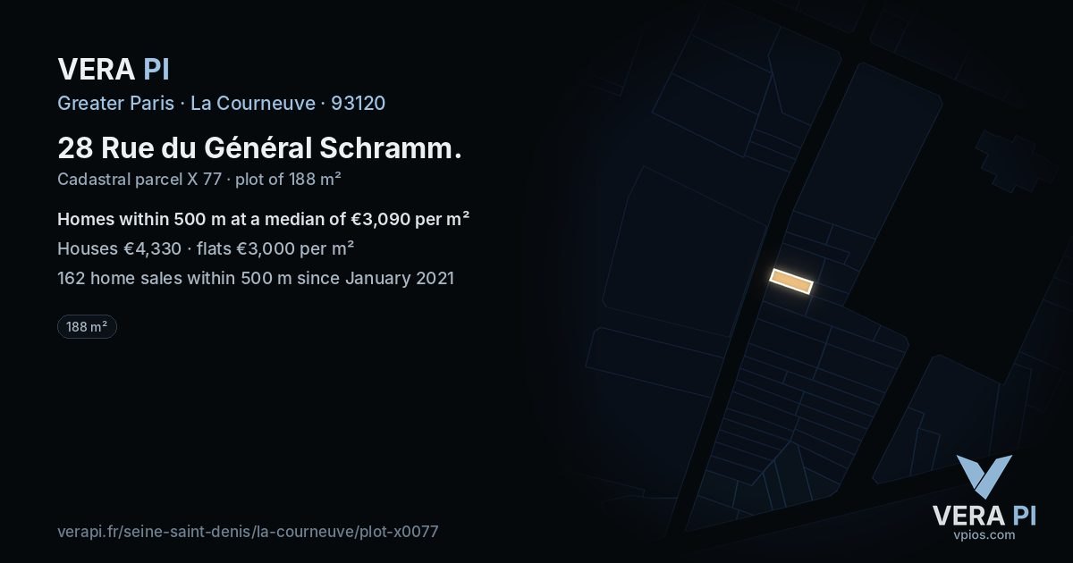 28 Rue du Général Schramm, La Courneuve at night – the plot lit, the parcels around coloured by the prices near them