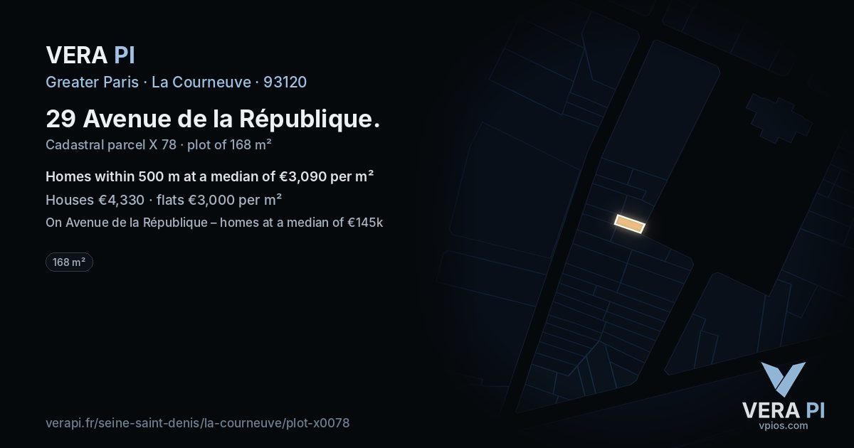 29 Avenue de la République, La Courneuve at night – the plot lit, the parcels around coloured by the prices near them