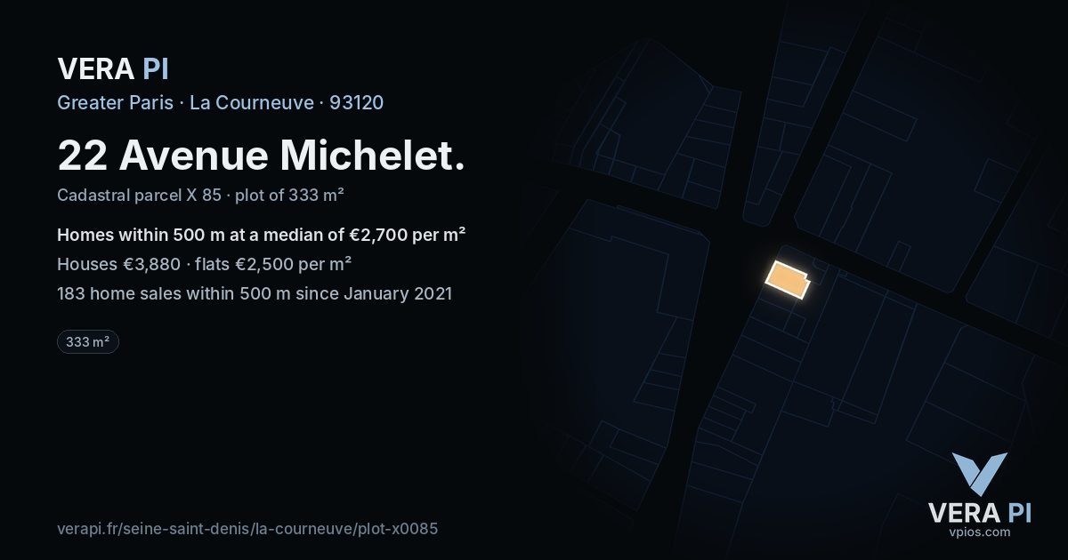22 Avenue Michelet, La Courneuve at night – the plot lit, the parcels around coloured by the prices near them