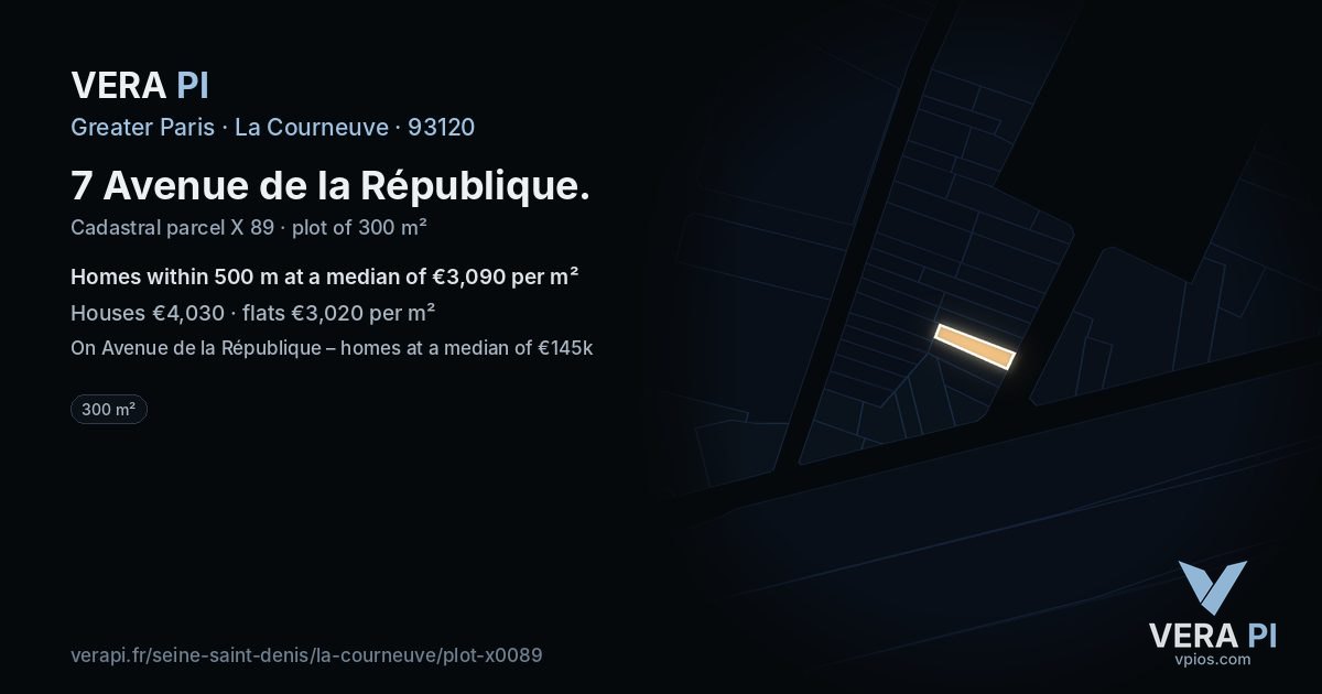 7 Avenue de la République, La Courneuve at night – the plot lit, the parcels around coloured by the prices near them