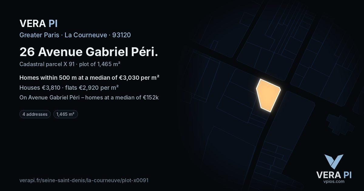 26 Avenue Gabriel Péri, La Courneuve at night – the plot lit, the parcels around coloured by the prices near them