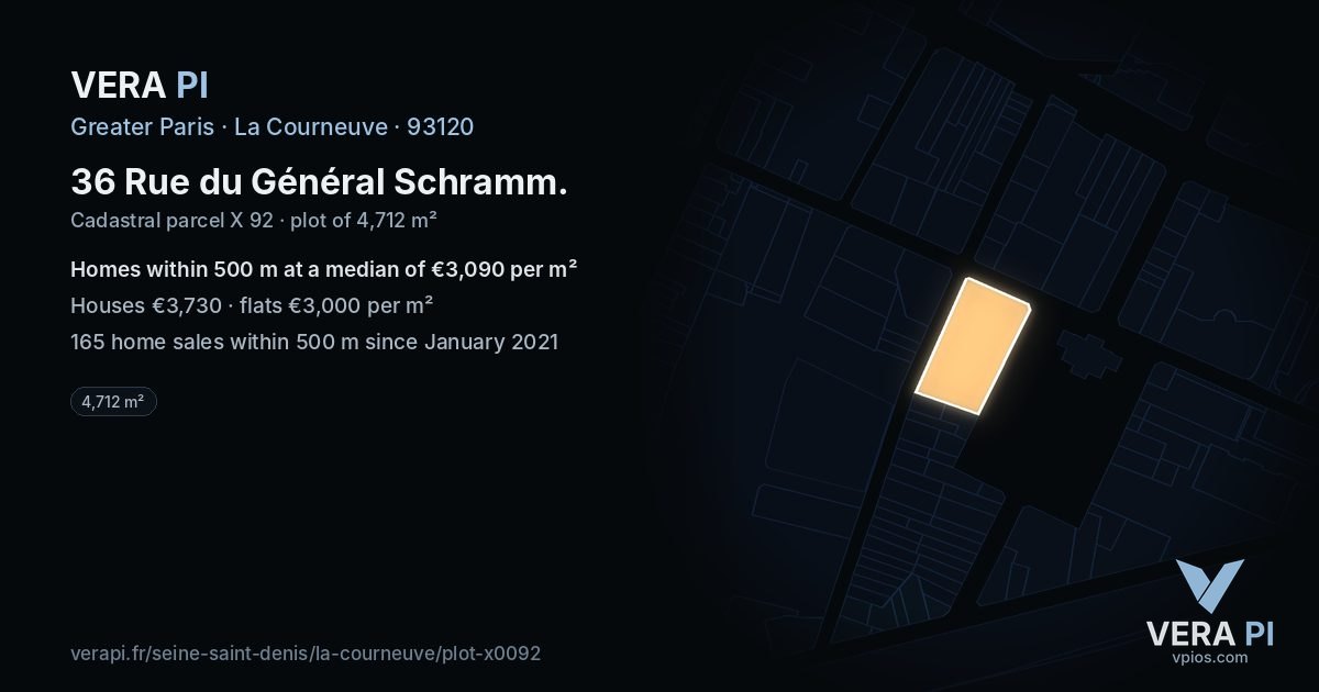 36 Rue du Général Schramm, La Courneuve at night – the plot lit, the parcels around coloured by the prices near them