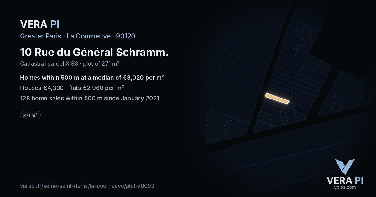 10 Rue du Général Schramm, La Courneuve at night – the plot lit, the parcels around coloured by the prices near them