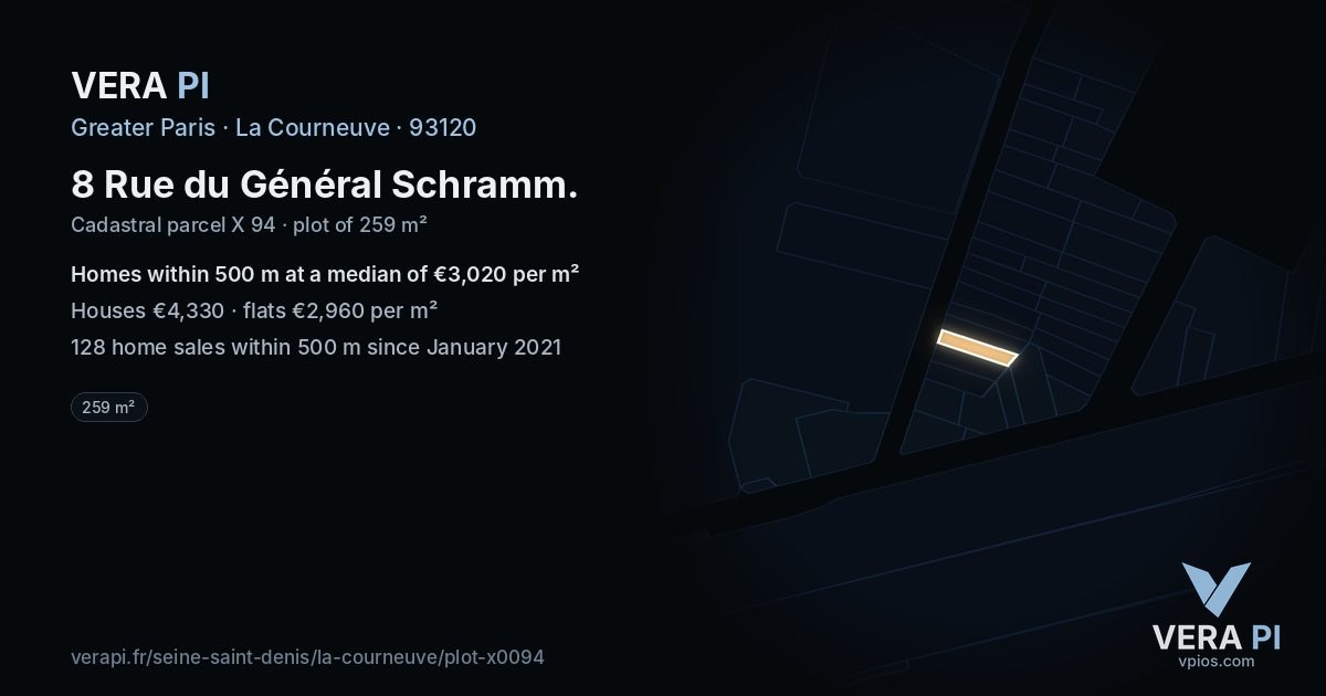8 Rue du Général Schramm, La Courneuve at night – the plot lit, the parcels around coloured by the prices near them