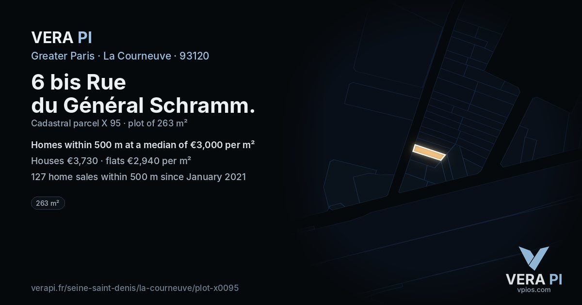 6 bis Rue du Général Schramm, La Courneuve at night – the plot lit, the parcels around coloured by the prices near them