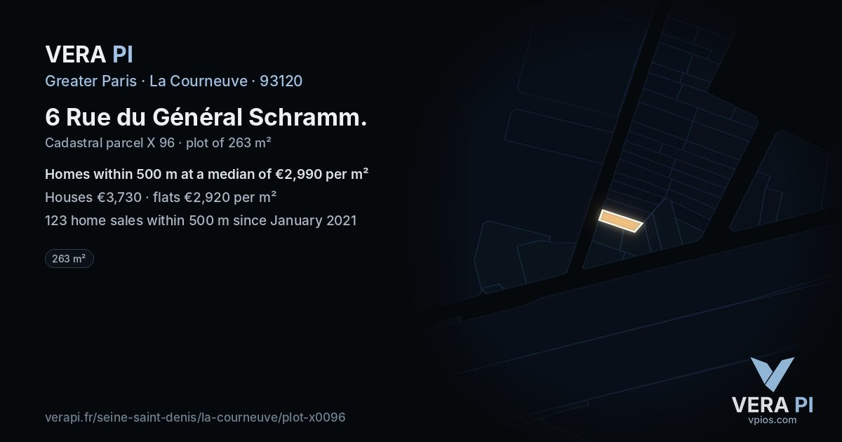 6 Rue du Général Schramm, La Courneuve at night – the plot lit, the parcels around coloured by the prices near them