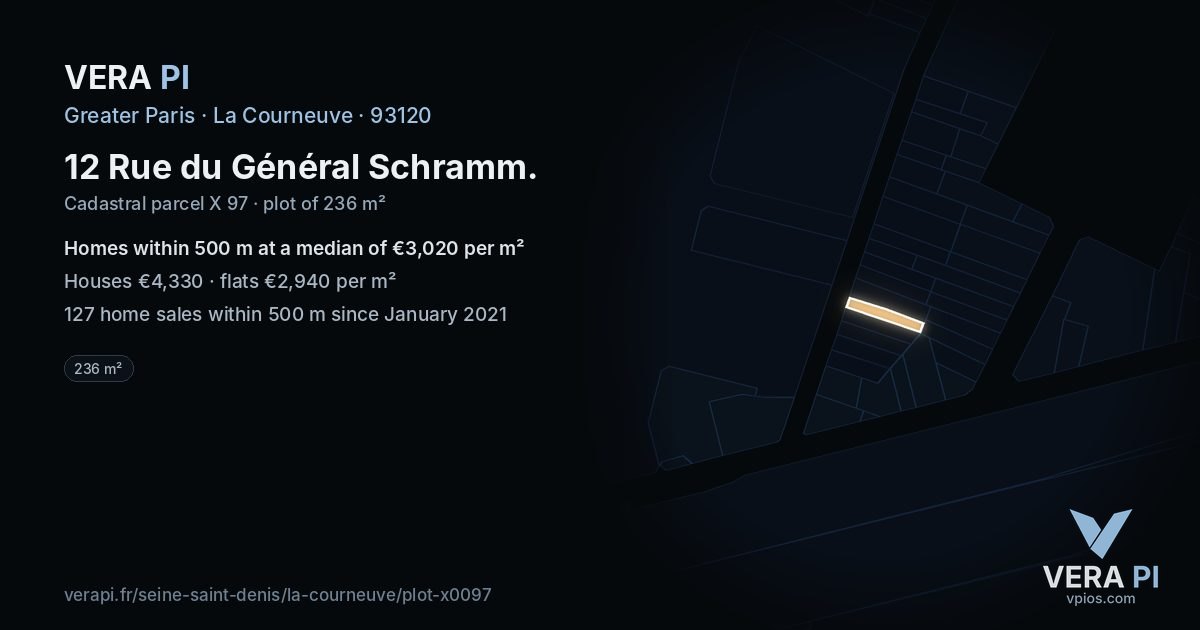 12 Rue du Général Schramm, La Courneuve at night – the plot lit, the parcels around coloured by the prices near them