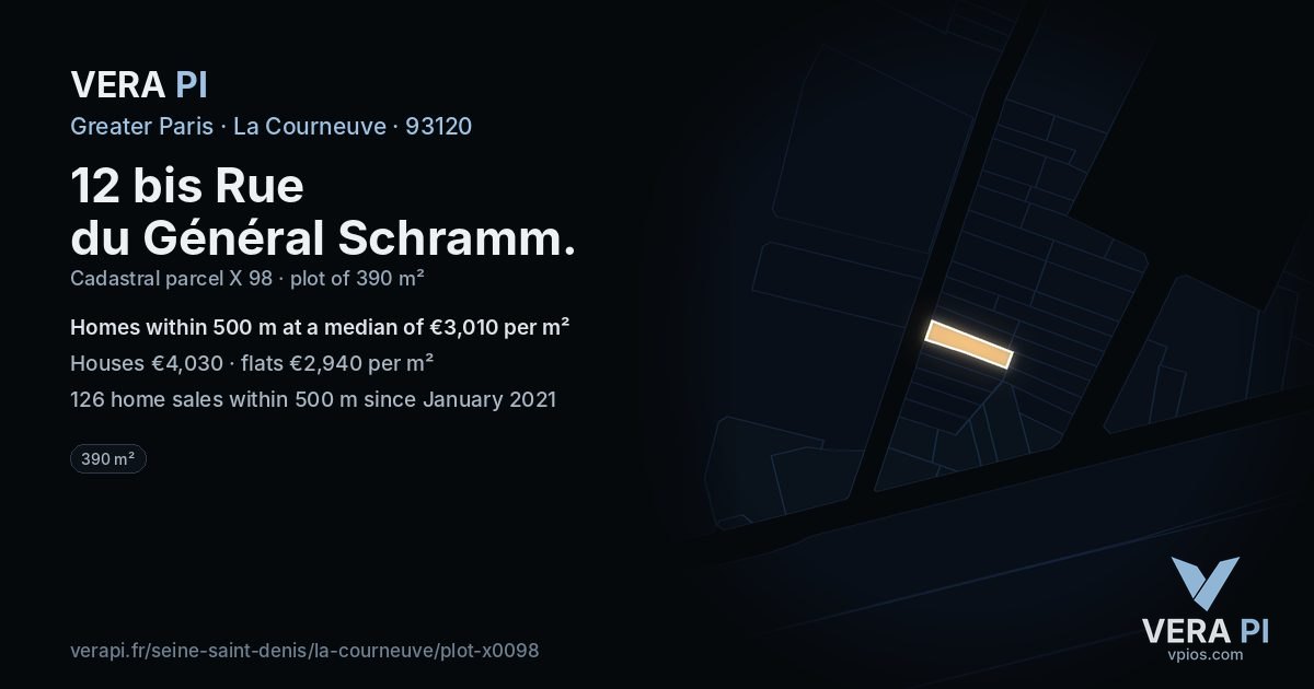 12 bis Rue du Général Schramm, La Courneuve at night – the plot lit, the parcels around coloured by the prices near them