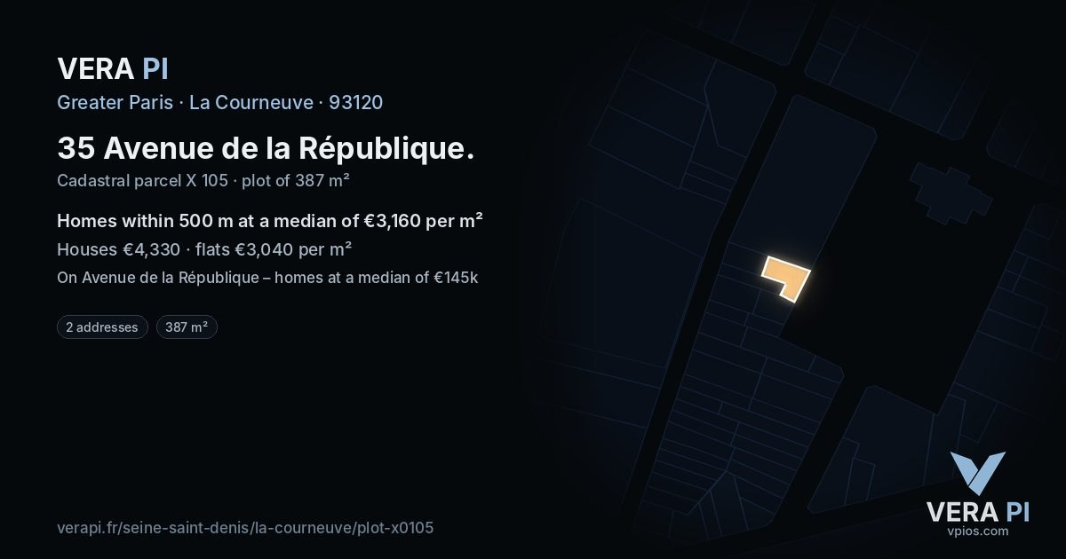 35 Avenue de la République, La Courneuve at night – the plot lit, the parcels around coloured by the prices near them