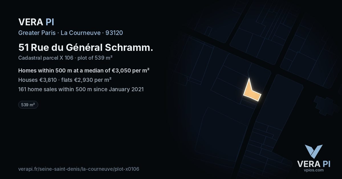 51 Rue du Général Schramm, La Courneuve at night – the plot lit, the parcels around coloured by the prices near them