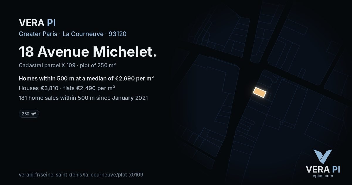 18 Avenue Michelet, La Courneuve at night – the plot lit, the parcels around coloured by the prices near them