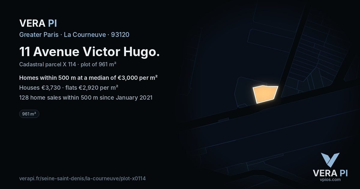 11 Avenue Victor Hugo, La Courneuve at night – the plot lit, the parcels around coloured by the prices near them