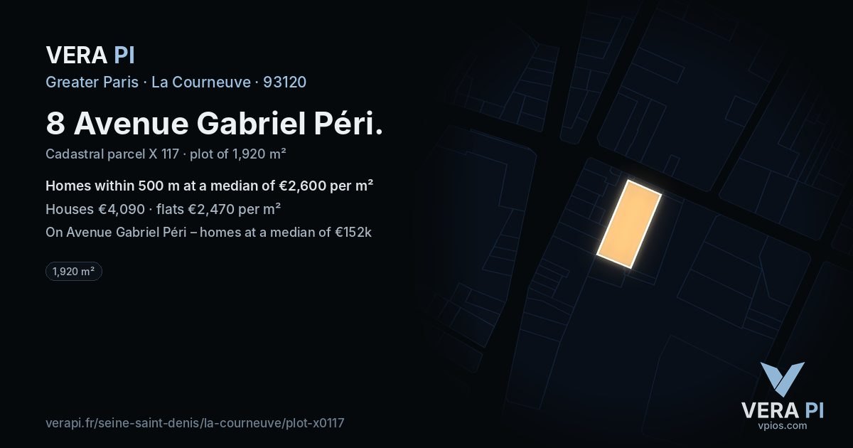8 Avenue Gabriel Péri, La Courneuve at night – the plot lit, the parcels around coloured by the prices near them