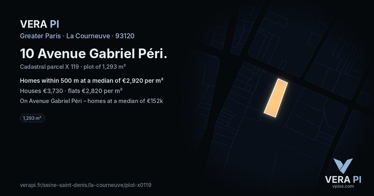 10 Avenue Gabriel Péri, La Courneuve at night – the plot lit, the parcels around coloured by the prices near them