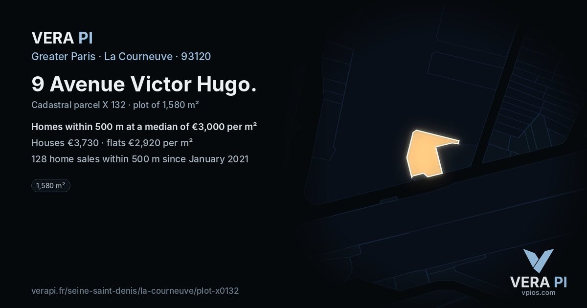 9 Avenue Victor Hugo, La Courneuve at night – the plot lit, the parcels around coloured by the prices near them