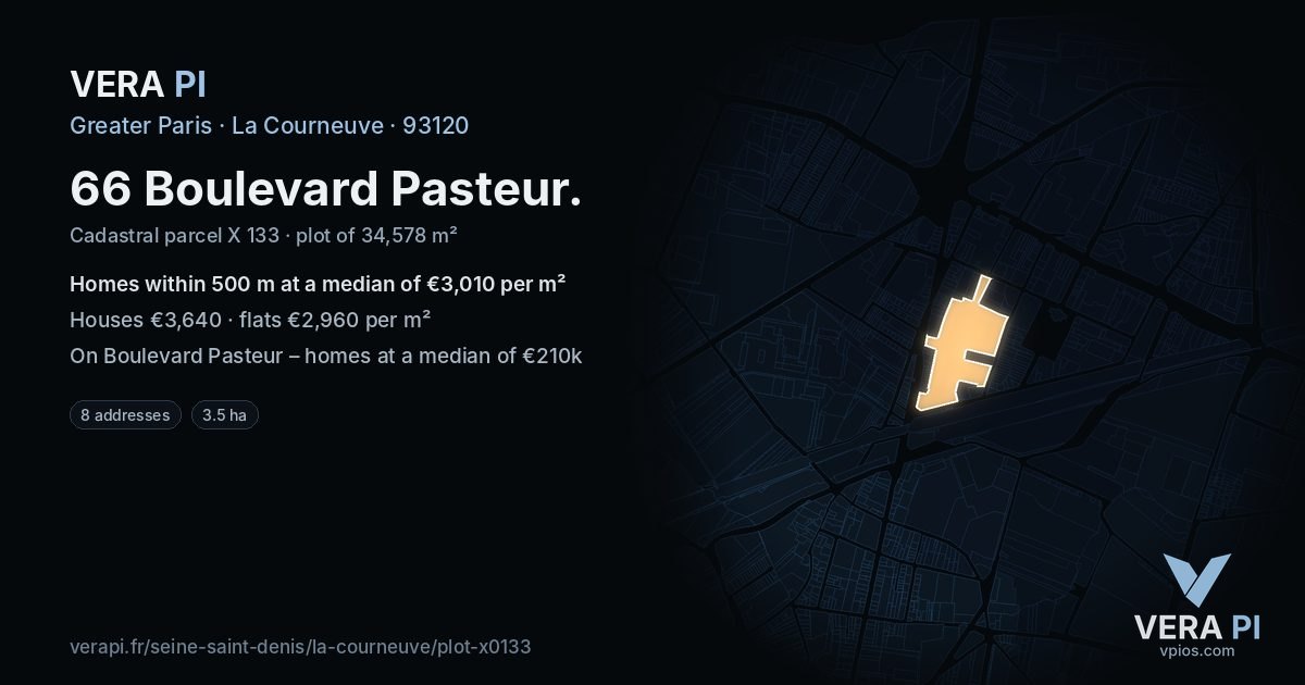 66 Boulevard Pasteur, La Courneuve at night – the plot lit, the parcels around coloured by the prices near them
